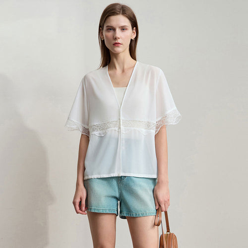 Beige Chiffon Lace Blouse Zuri Lou