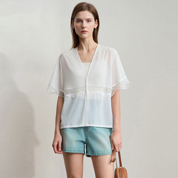 Beige Chiffon Lace Blouse Zuri Lou