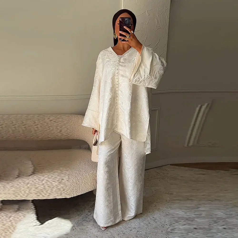 V-Neck Jacquard Top & Trousers Set Zuri Lou