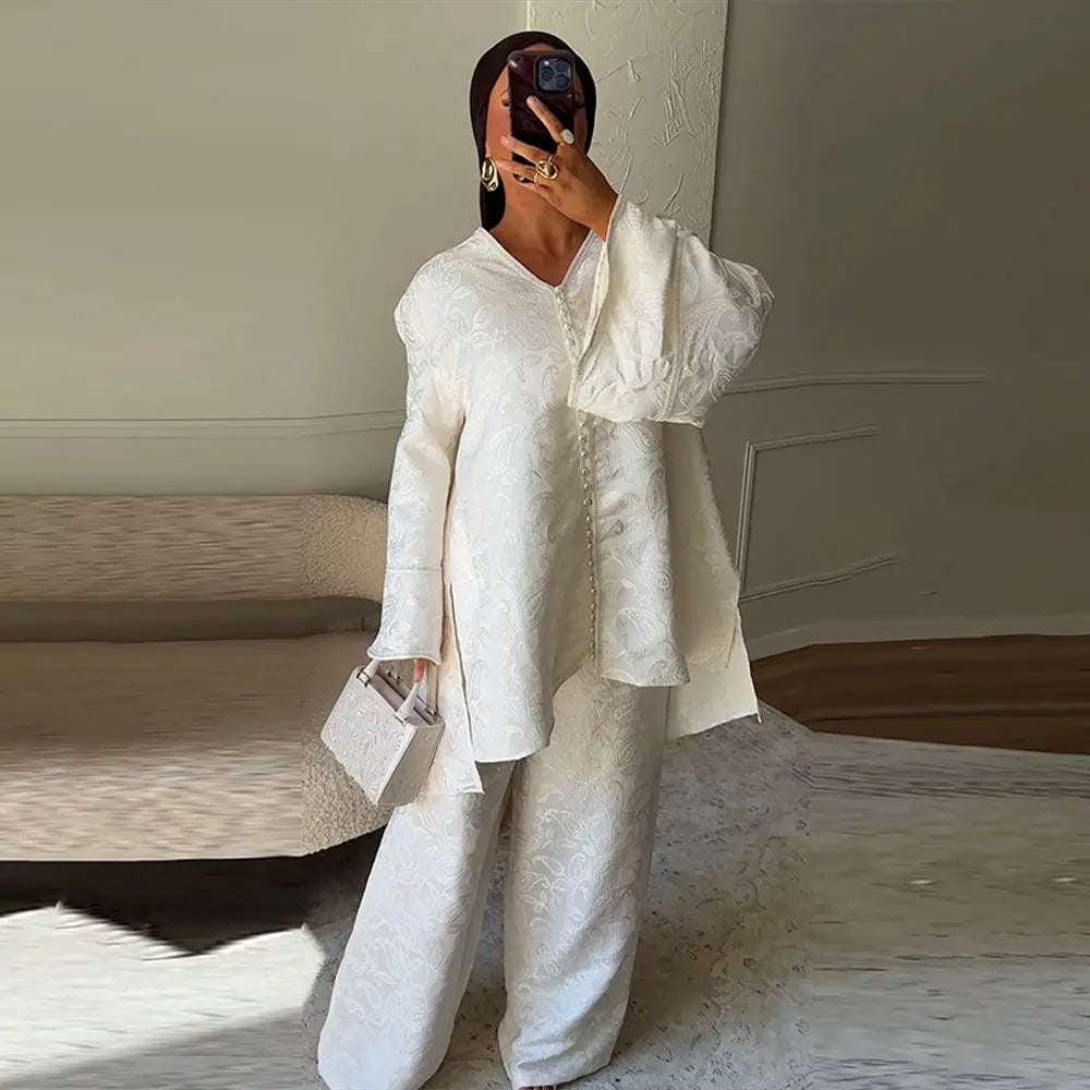 V-Neck Jacquard Top & Trousers Set Zuri Lou