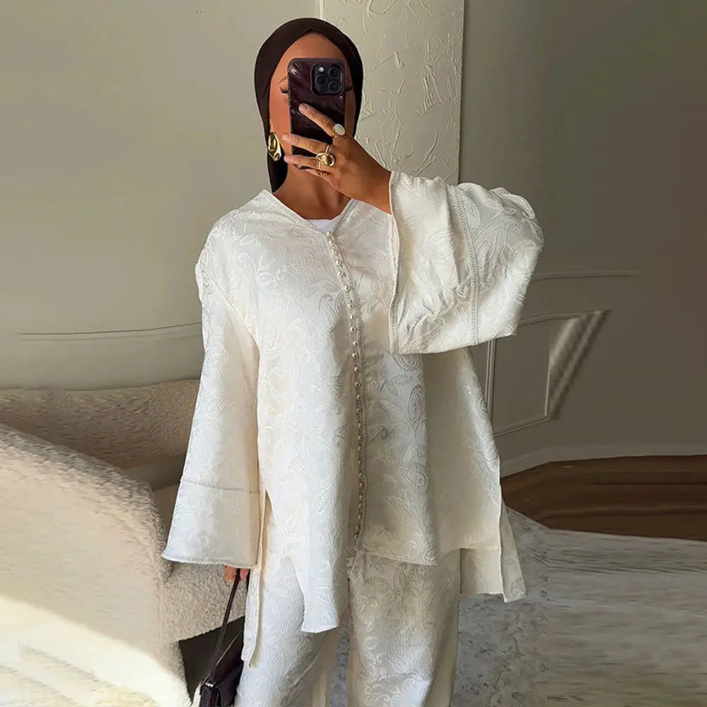 V-Neck Jacquard Top & Trousers Set Zuri Lou