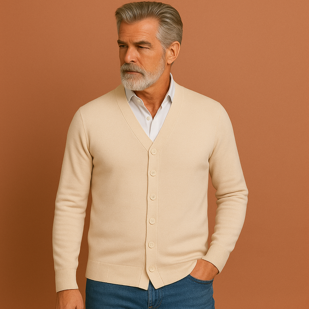 Men’s knitted button cardigan in beige with classic design, soft and comfortable for casual and stylish outfits.