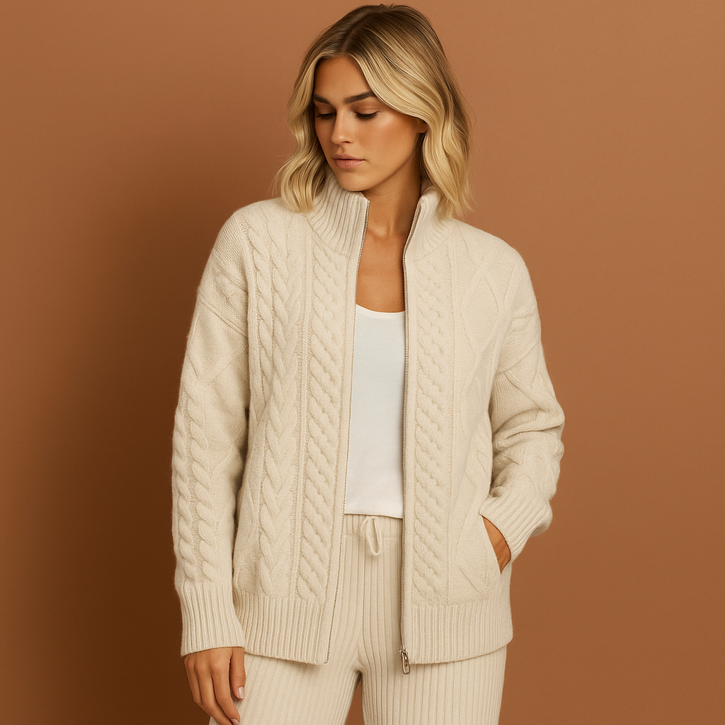 Women’s high neck cardigan in beige with elegant design, soft and comfortable for casual and stylish outfits.