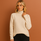 Women’s turtleneck sweater in beige with geometric pattern, soft and comfortable for elegant and casual outfits.