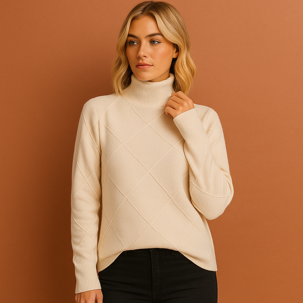 Women’s turtleneck sweater in beige with geometric pattern, soft and comfortable for elegant and casual outfits.