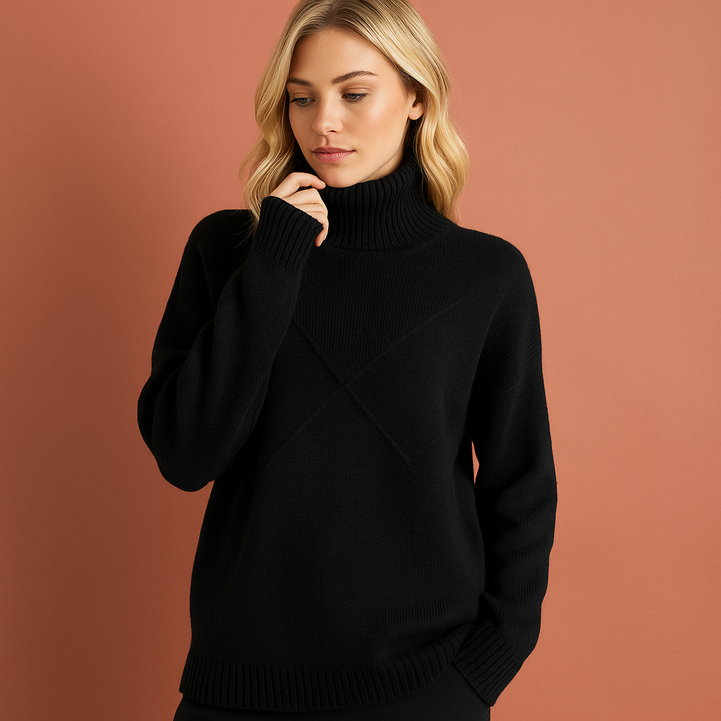 Women’s turtleneck sweater in black with geometric pattern, soft and comfortable for elegant and casual outfits.