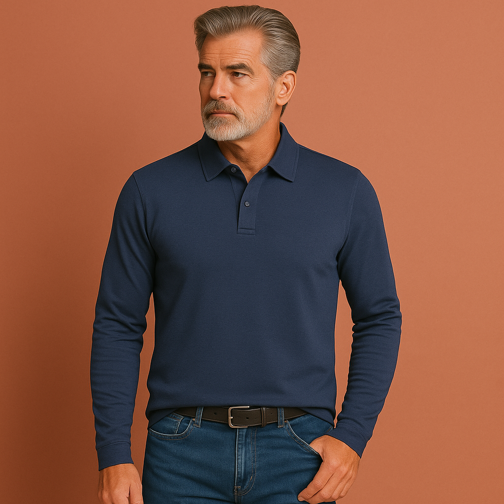 Men’s long sleeve polo sweater in blue with classic design, soft and comfortable for casual and business outfits.
