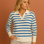 Women’s long sleeve striped polo in blue with elegant design, soft and comfortable for casual and stylish outfits