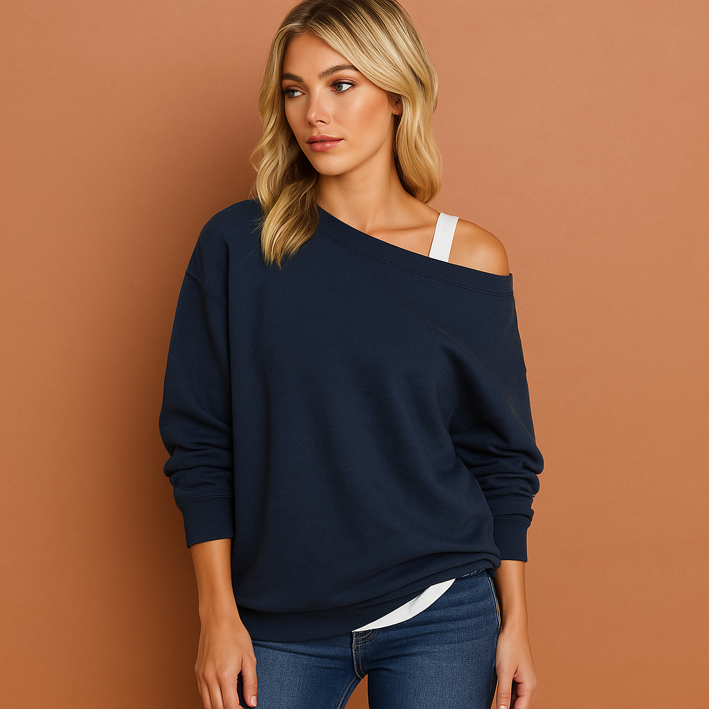 Women’s off-shoulder sweater in blue with elegant design, soft and comfortable for casual and stylish outfits.