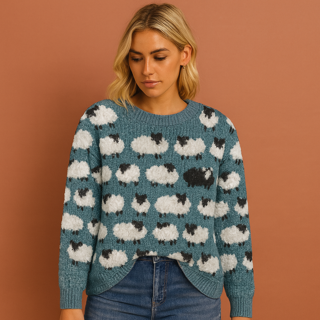 Women’s retro knitted sweater in blue with sheep pattern, soft and comfortable for casual and stylish outfits.