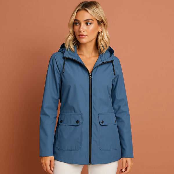 Women’s waterproof jacket in blue with adjustable hood, soft and comfortable for casual and stylish outfits.