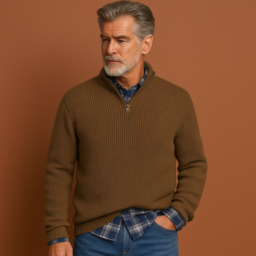 Men’s knitted sweater in brown with classic design, warm and comfortable for casual and formal outfits.