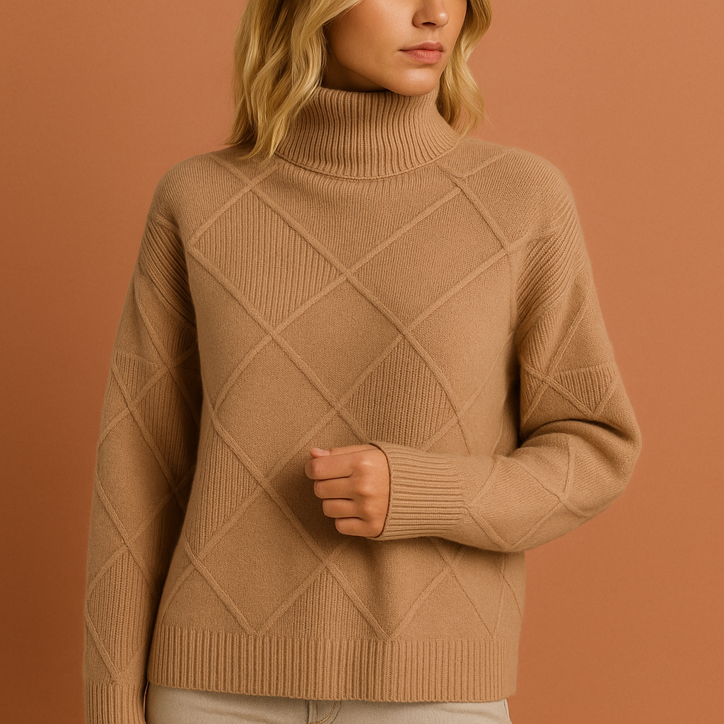 Women’s turtleneck sweater in brown with geometric pattern, soft and comfortable for elegant and casual outfits.
