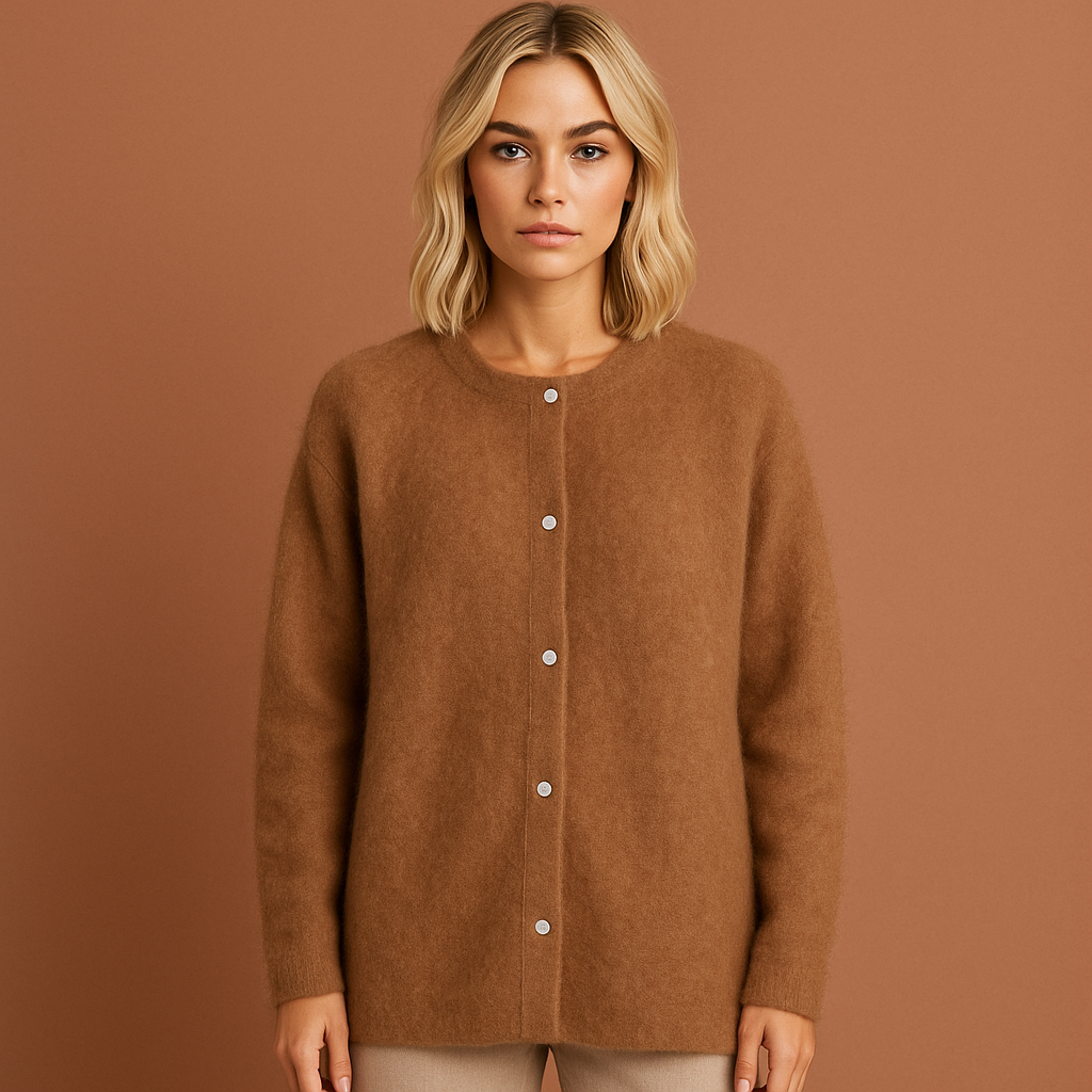 Women’s oversized cardigan in brown with minimalist design, soft and comfortable for casual and stylish outfits.