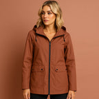 Women’s waterproof jacket in coffee with adjustable hood, soft and comfortable for casual and stylish outfits.