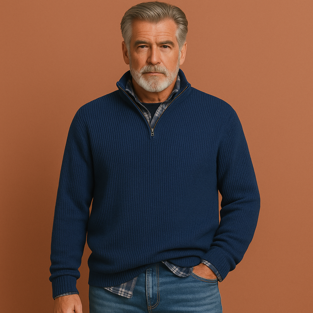 Men’s knitted sweater in dark blue with classic design, warm and comfortable for casual and formal outfits.