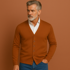 Men’s knitted button cardigan in dark brown with classic design, soft and comfortable for casual and stylish outfits.