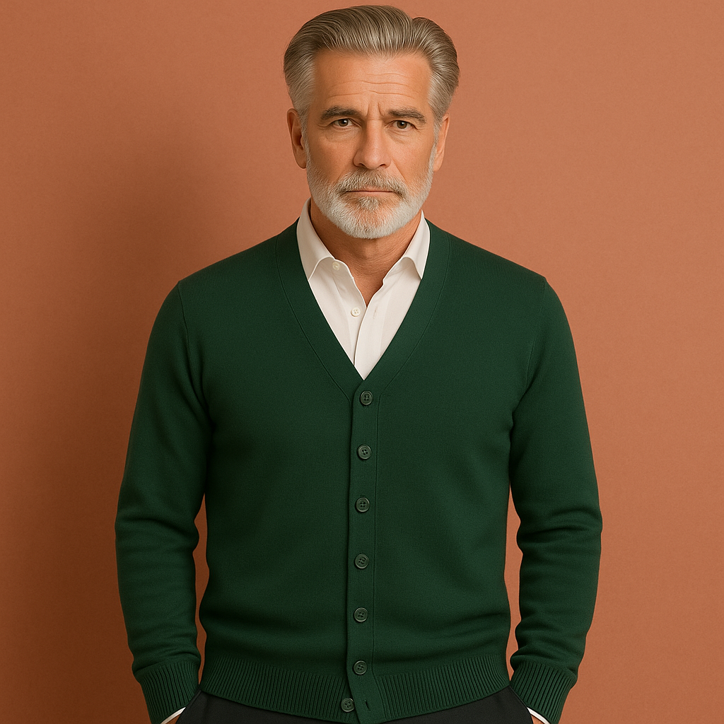 Men’s knitted button cardigan in dark green with classic design, soft and comfortable for casual and stylish outfits.