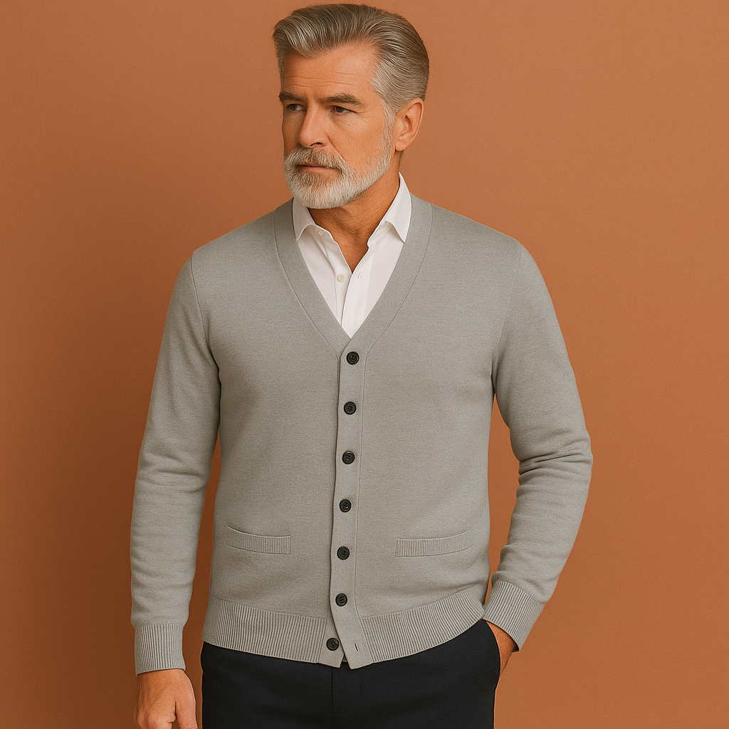 Men’s knitted button cardigan in gray with classic design, soft and comfortable for casual and stylish outfits.