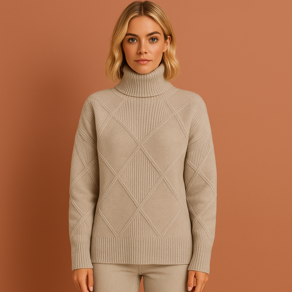Women’s turtleneck sweater in gray with geometric pattern, soft and comfortable for elegant and casual outfits.