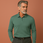 Men’s long sleeve polo sweater in green with classic design, soft and comfortable for casual and business outfits.