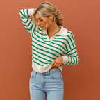 Women’s long sleeve striped polo in green with elegant design, soft and comfortable for casual and stylish outfits.