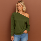 Women’s off-shoulder sweater in green with elegant design, soft and comfortable for casual and stylish outfits.