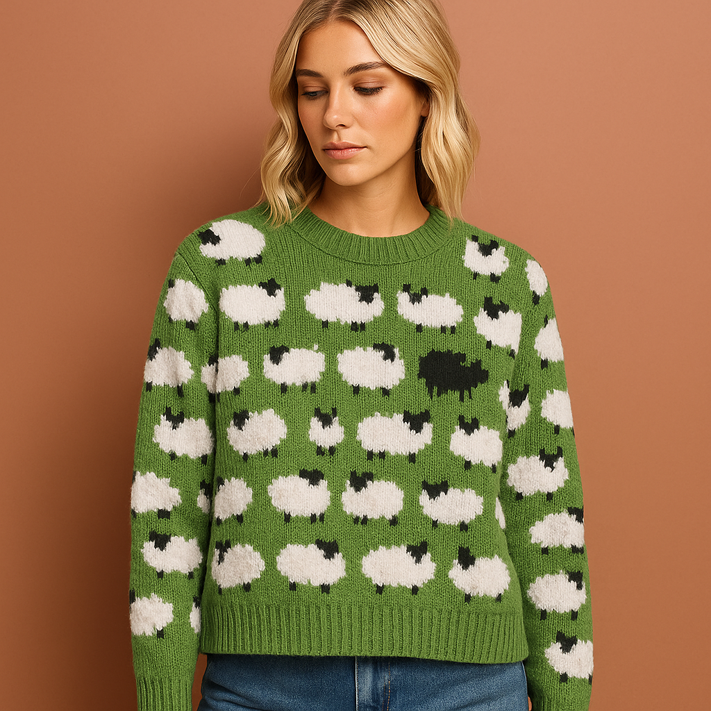 Women’s retro knitted sweater in green with sheep pattern, soft and comfortable for casual and stylish outfits.