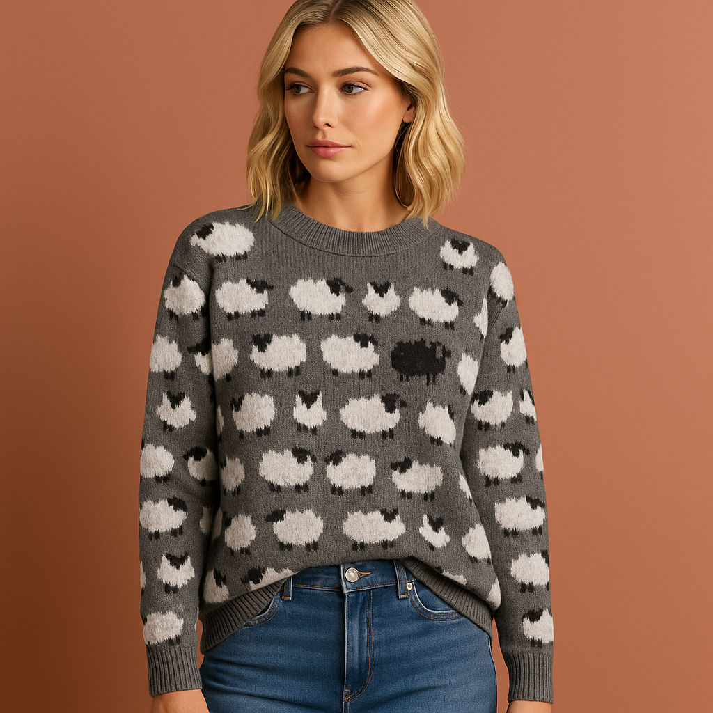 Women’s retro knitted sweater in grey with sheep pattern, soft and comfortable for casual and stylish outfits.