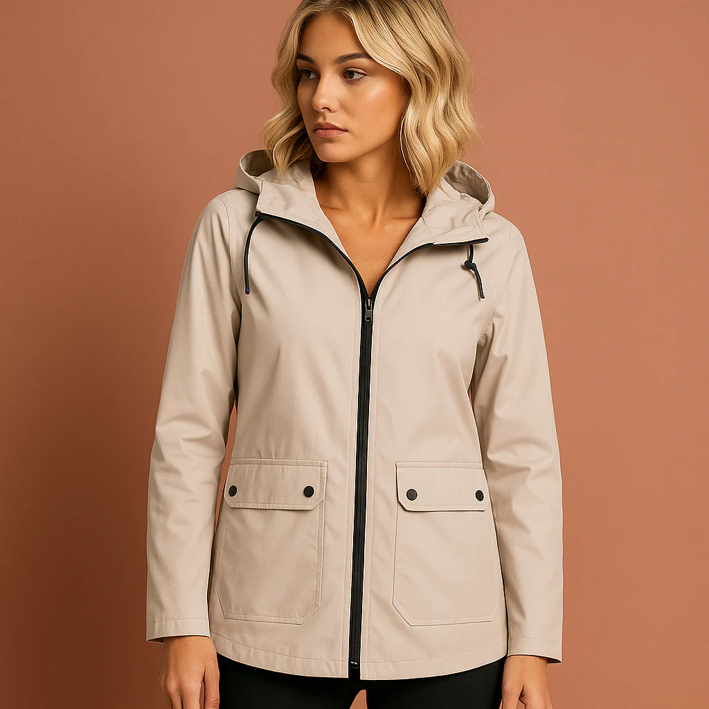Women’s waterproof jacket in ivory white with adjustable hood, soft and comfortable for casual and stylish outfits.