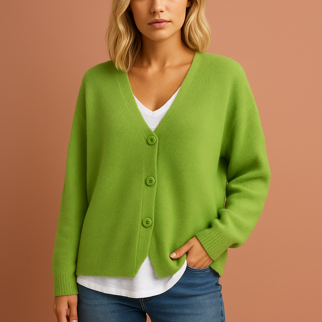 Women’s knitted cardigan in light green with V-neck and button design, soft and comfortable for casual and elegant outfits.