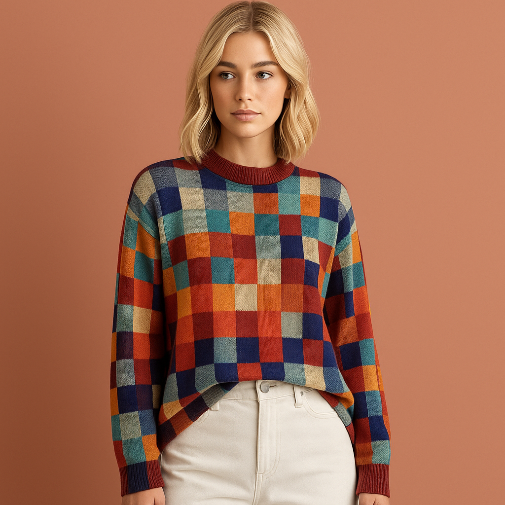 Women’s knitted sweater in multicolor with checkered design, soft and comfortable for casual and stylish outfits.