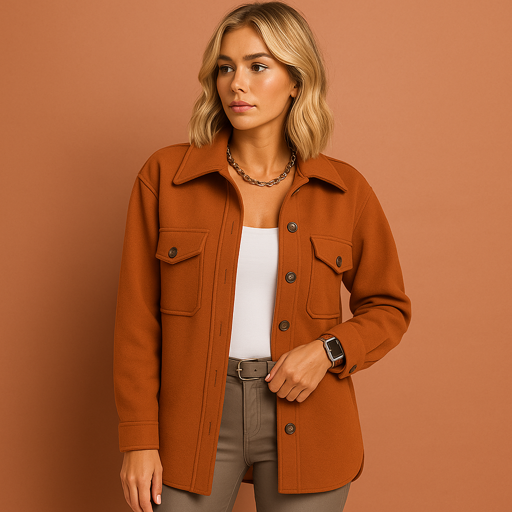 Women’s fall jacket in orange with elegant design, soft and comfortable for casual and stylish outfits.