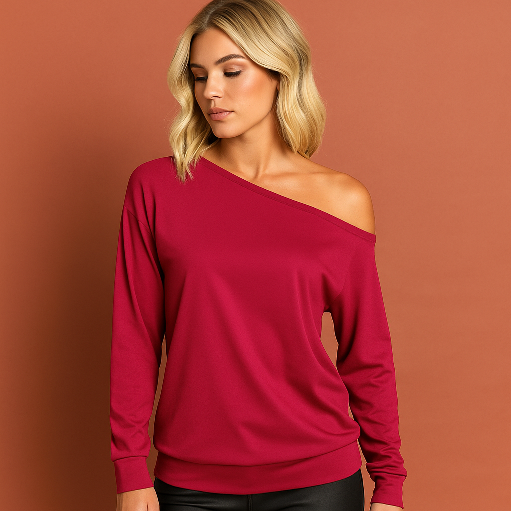 Women’s off-shoulder sweater in red with elegant design, soft and comfortable for casual and stylish outfits.