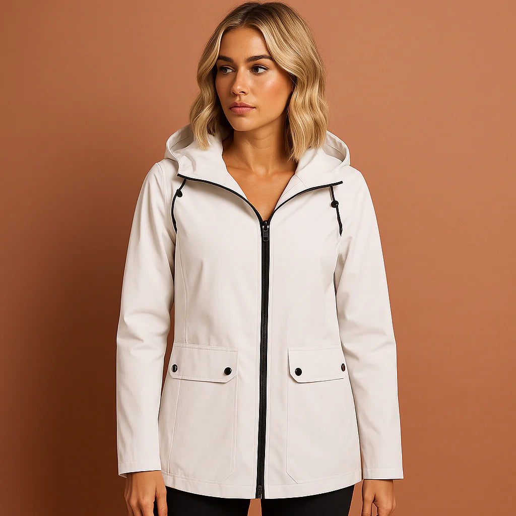 Women’s waterproof jacket in white with adjustable hood, soft and comfortable for casual and stylish outfits.