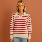 Women’s long sleeve striped polo in wine red with elegant design, soft and comfortable for casual and stylish outfits.