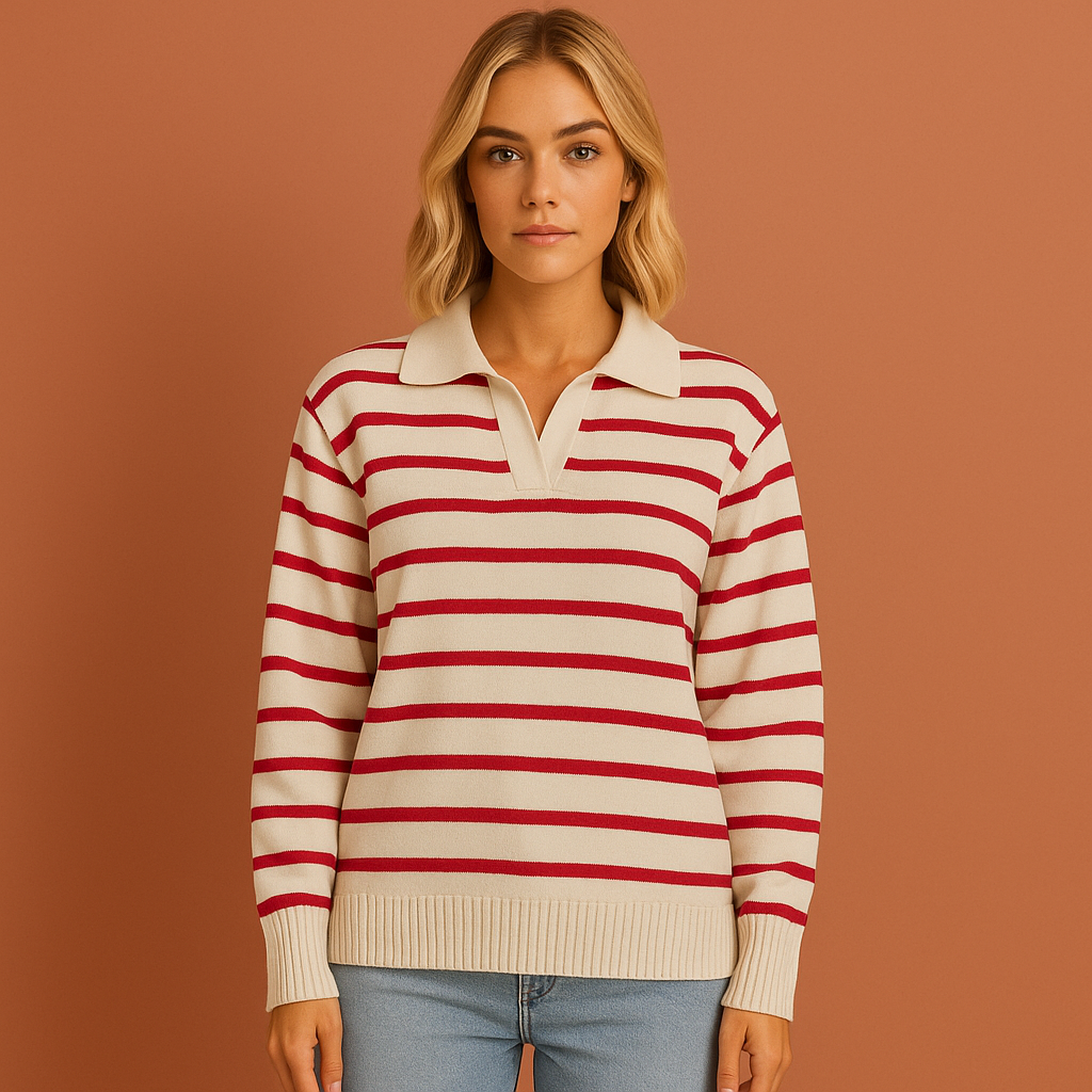 Women’s long sleeve striped polo in wine red with elegant design, soft and comfortable for casual and stylish outfits.